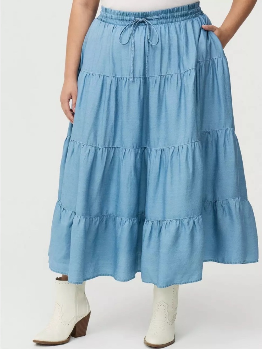 Torrid Skirt 2X Denim Chambray Tiered Pull On Maxi/Midi Long Plus Size Pockets